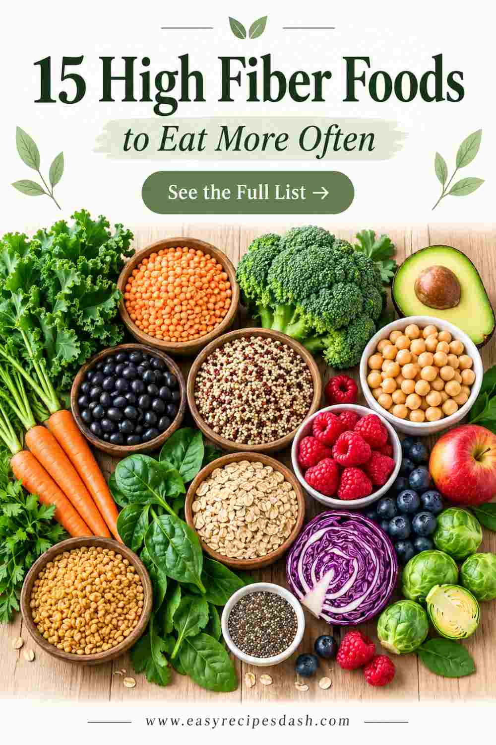 High fiber foods displayed in healthy high fiber meals, featuring fiber rich foods, colorful vegetables, grains, and easy weeknight meal prep ideas.
