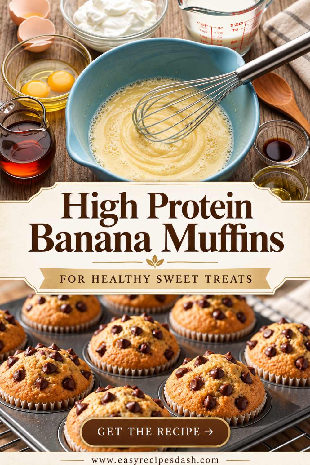High protein banana muffins with golden-brown tops, a delicious homemade baked treat perfect for healthy sweet snacks, breakfast, or dessert.