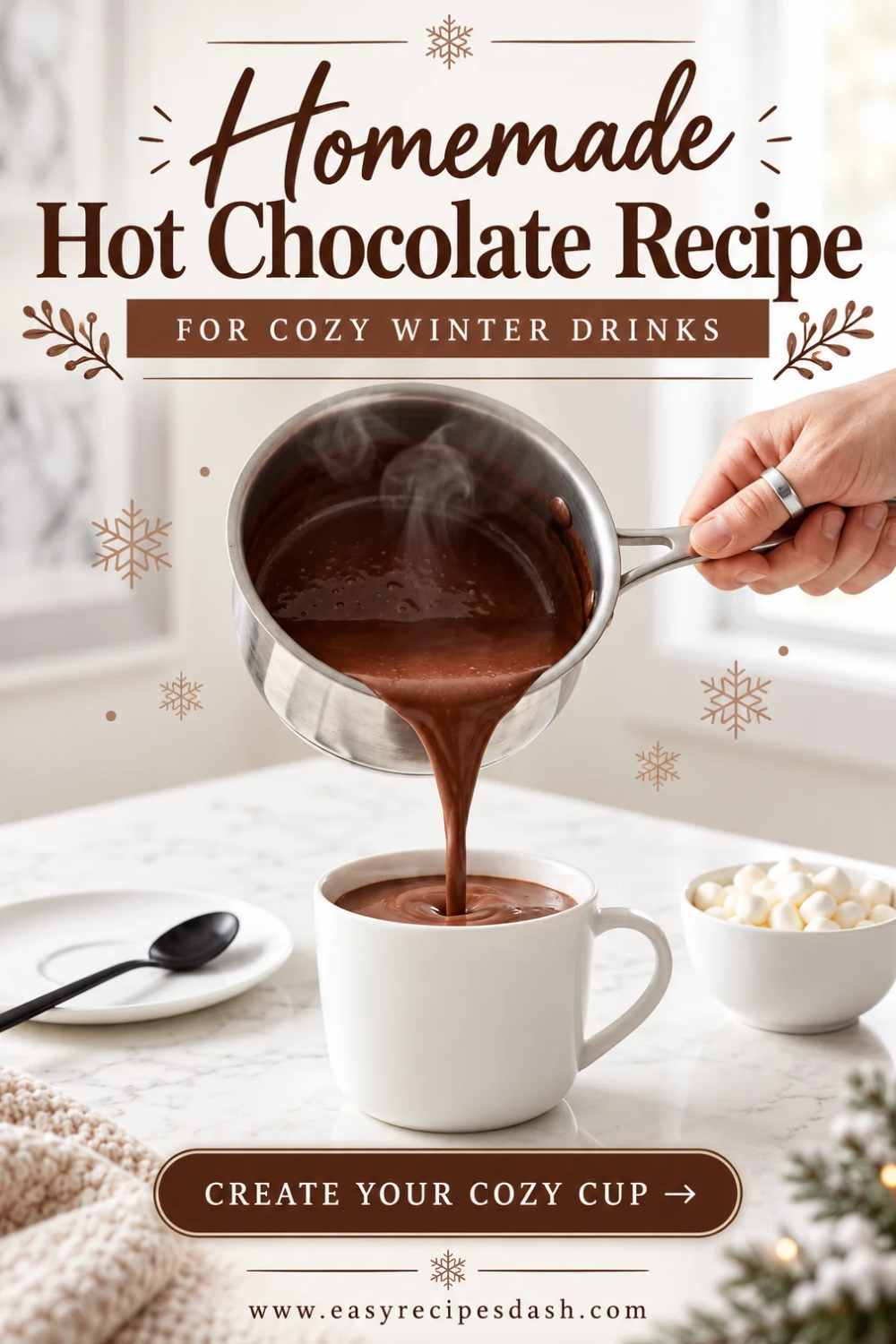 A cozy mug of homemade hot chocolate, perfect for cold winter days. This Homemade Hot Chocolate Recipe makes a comforting hot cocoa drink.