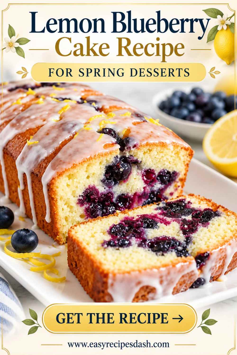 Moist lemon blueberry cake with fresh blueberries and bright lemon flavor, beautifully decorated for a spring or summer dessert. A delicious Lemon Blueberry Cake Recipe perfect for celebrations and afternoon treats.