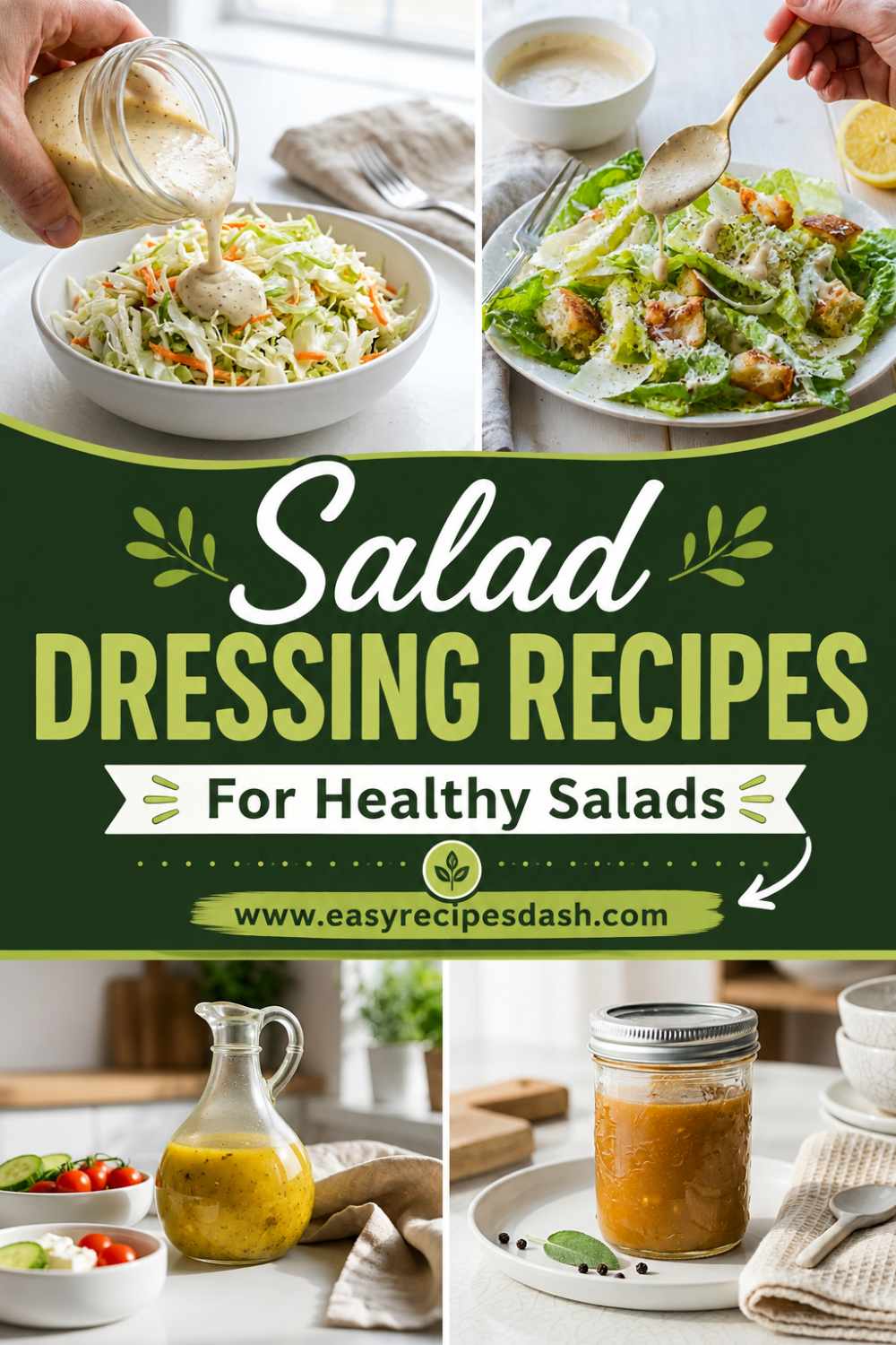 A collection of homemade salad dressings in glass jars with fresh herbs, olive oil, lemons, and colorful salads, showcasing easy Salad Dressing Recipes for healthy meals and homemade vinaigrettes.