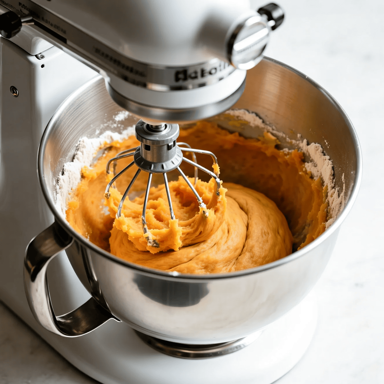 Sweet Potato Rolls: The Secret to Extra Fluff 8 Sweet potato roll dough mixing in a stand mixer with a dough hook