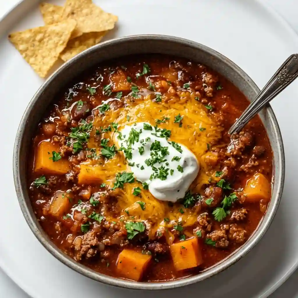 Pumpkin chili recipe with ground beef, beans, sweet potatoes, cheese, and sour cream