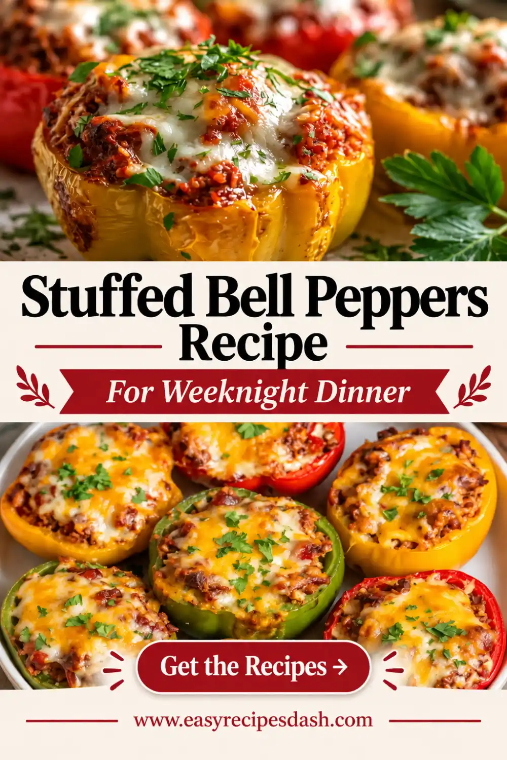 Colorful stuffed bell peppers filled with seasoned ground beef and baked until tender, served as an easy stuffed bell peppers dinner recipe.