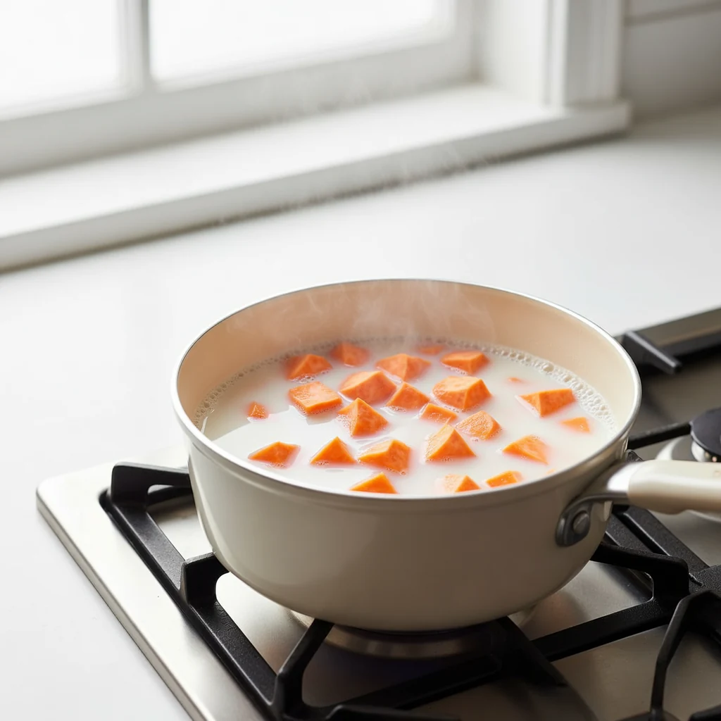 Sweet Potato Rolls: The Secret to Extra Fluff 5 Sweet potato cubes simmering in whole milk in a saucepan