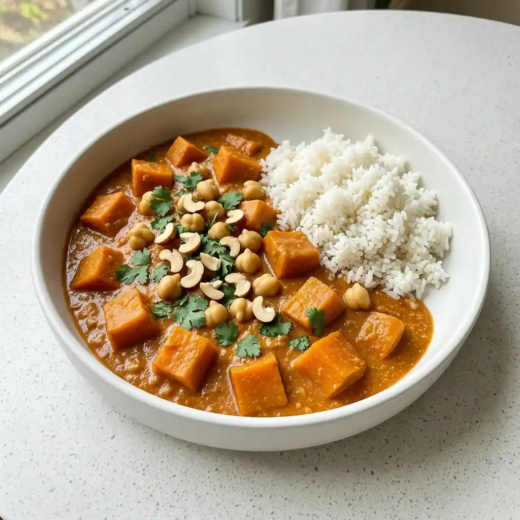 Sweet Potato Curry: The Easiest Cozy Dinner 10 Creamy sweet potato curry with chickpeas, cilantro, toasted cashews, and white rice.