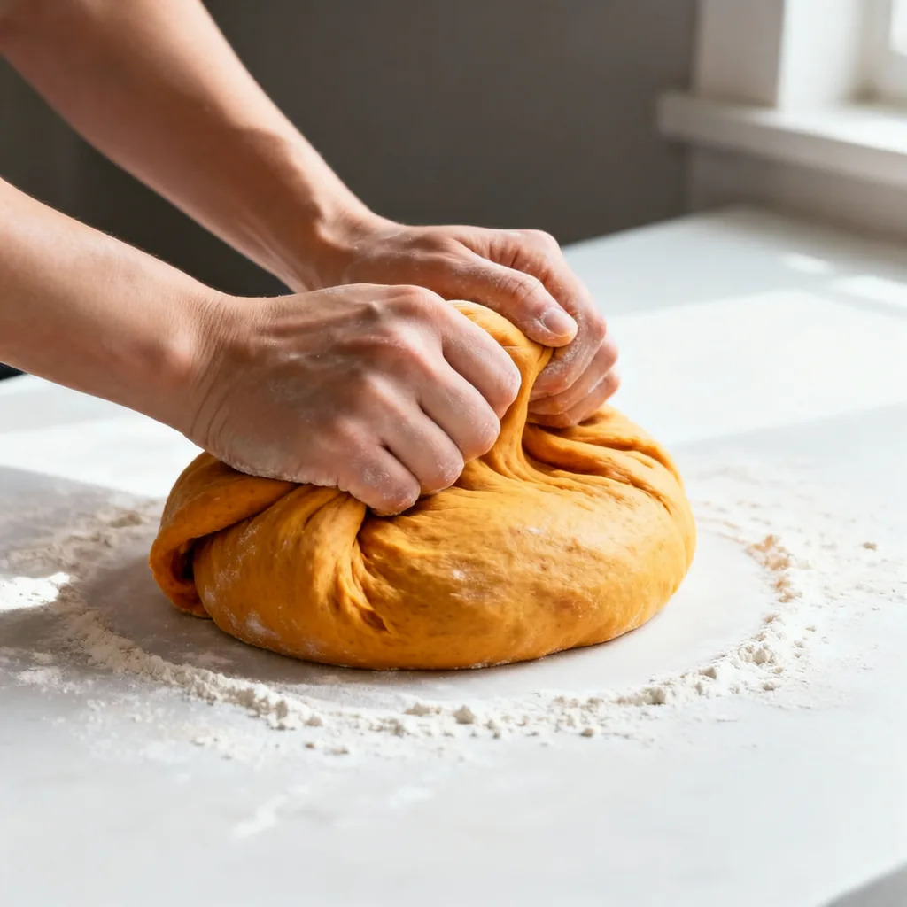 Sweet Potato Rolls: The Secret to Extra Fluff 9 Sweet potato roll dough being kneaded on a lightly floured surface