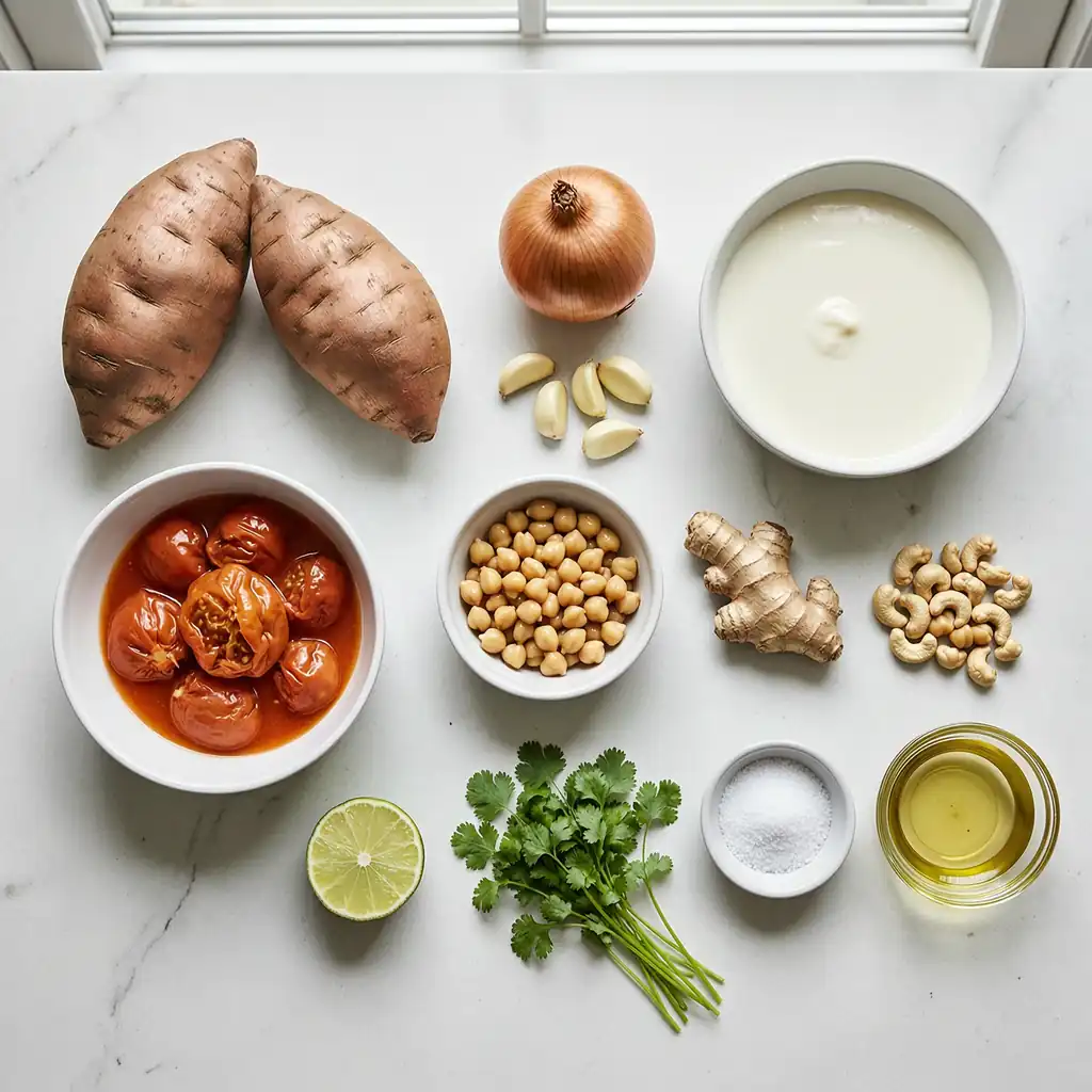 Sweet Potato Curry: The Easiest Cozy Dinner 3 Sweet potatoes, tomatoes, coconut milk, chickpeas, onion, garlic, ginger, lime, cilantro, and cashews for sweet potato curry.