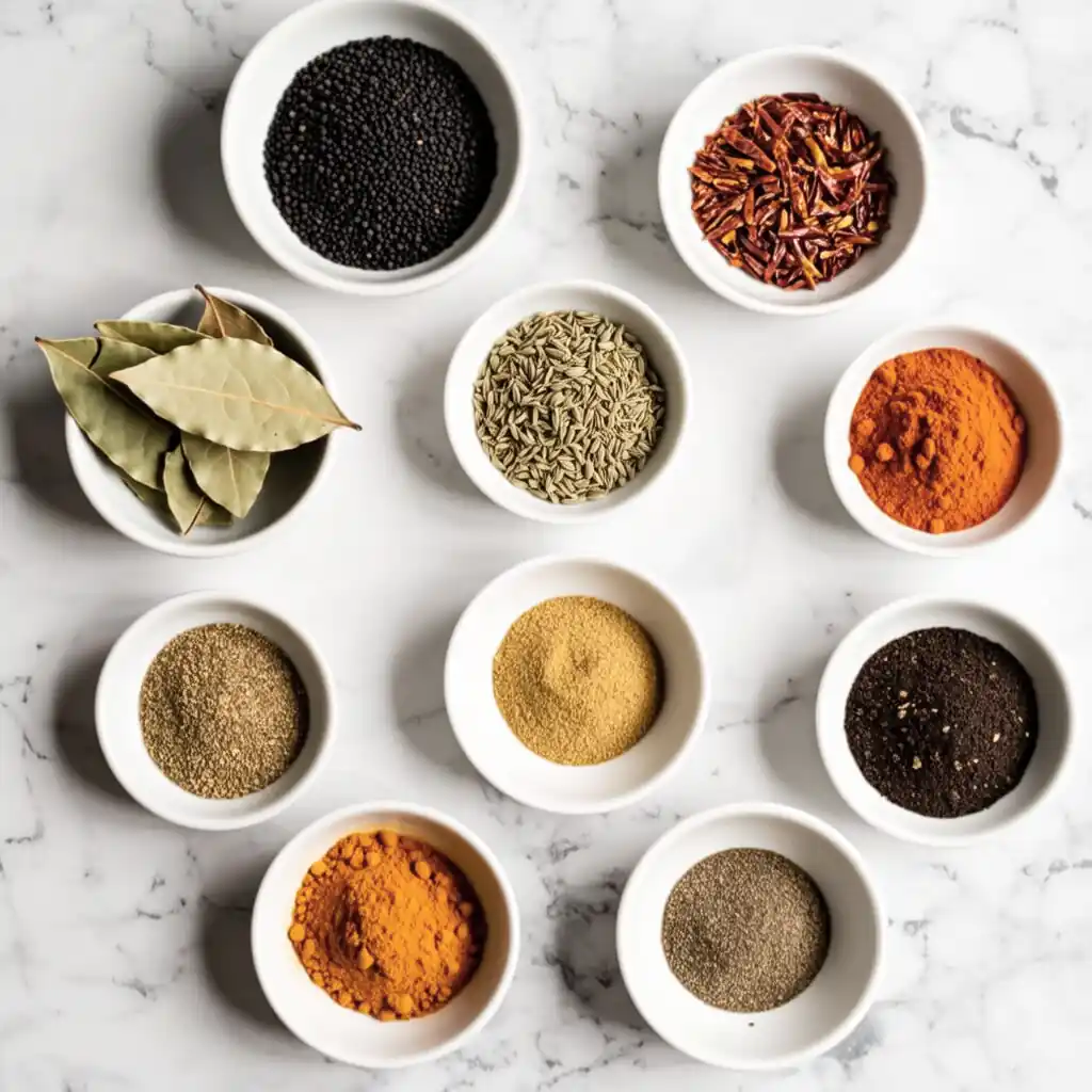 Sweet Potato Curry: The Easiest Cozy Dinner 2 Spices for sweet potato curry including mustard seeds, cumin, curry leaves, turmeric, coriander, and garam masala.