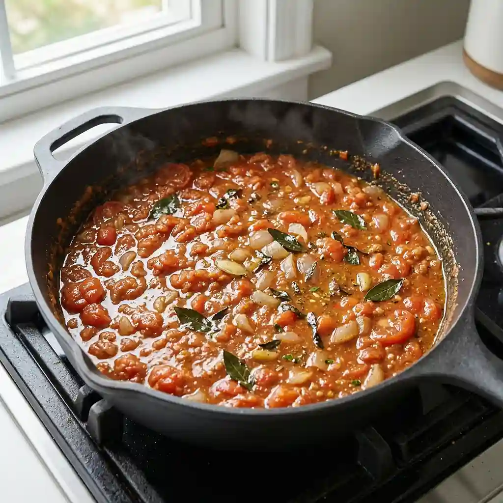 Sweet Potato Curry: The Easiest Cozy Dinner 8 Tomato and spice sauce simmering in a pan for sweet potato curry.