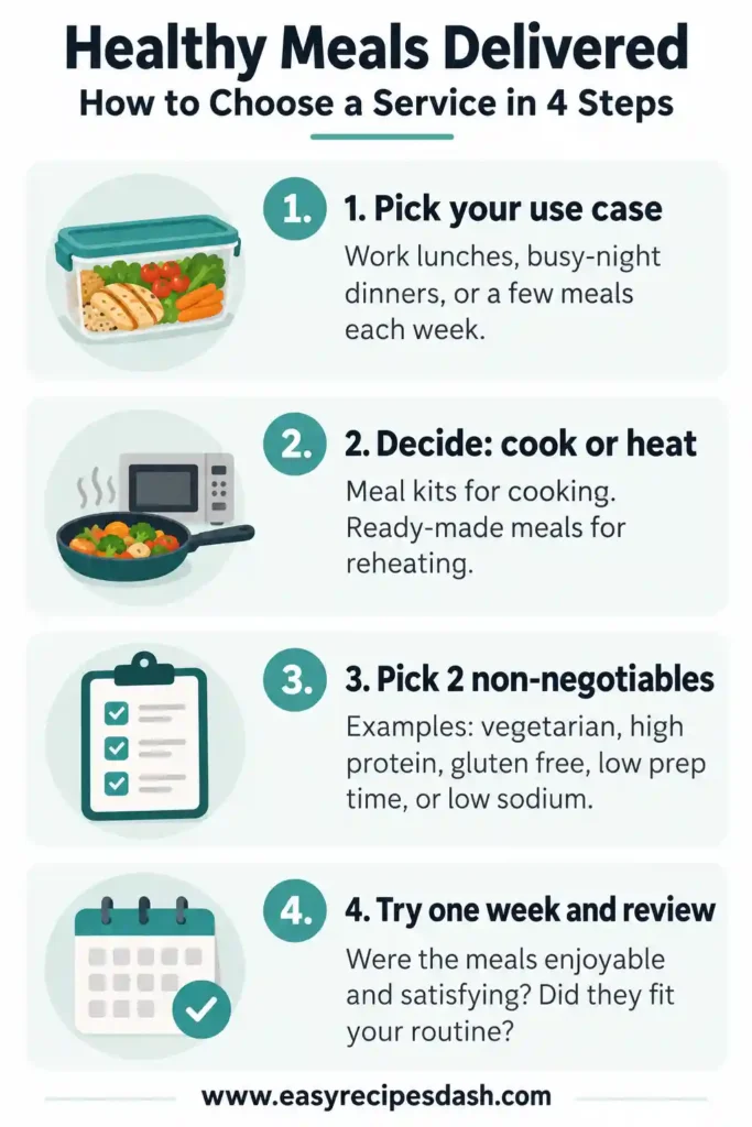 Healthy meals delivered infographic showing four steps to choose a meal delivery service.